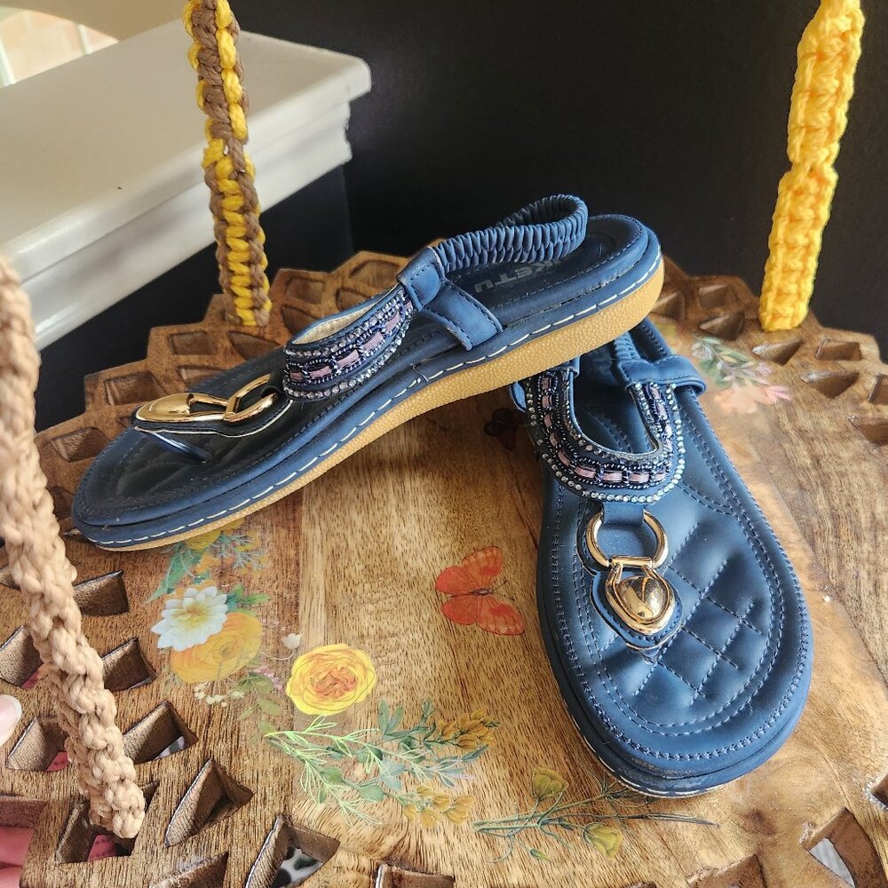 Siketu Navy Thong Sandals with Gold Decor and Beaded Ankle